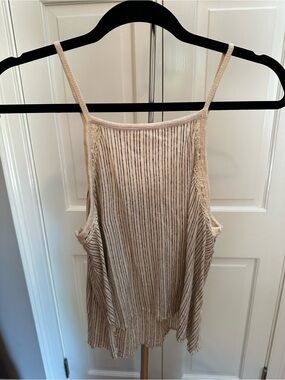 We The Free Cream & Blue Striped Crochet-Trim Cami